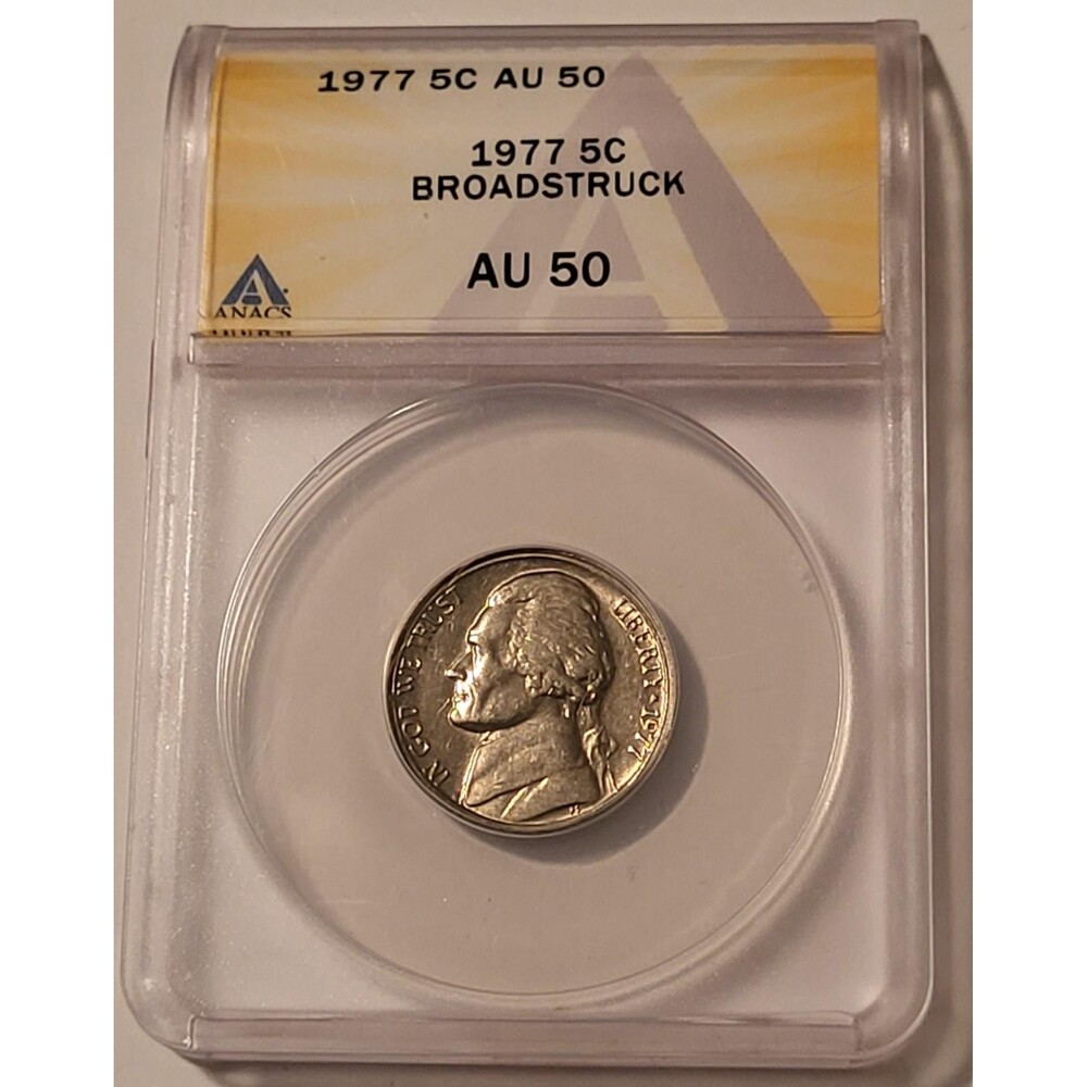 1977 Jefferson Nickel Broadstruck Error AU50 ANACS